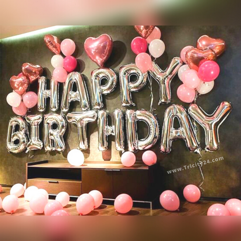 Silver Birthday Decoration With Pink Balloons (P277).